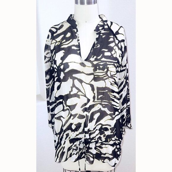 Anne Klein sheer abstract black/white tunic top blouse - Picture 1 of 4